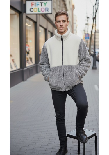 Premium Kalite Renk Bloklu, Fermuarlı, Dik Yaka, Sherpa, Polar, Peluş Ceket Gri - Beyaz
