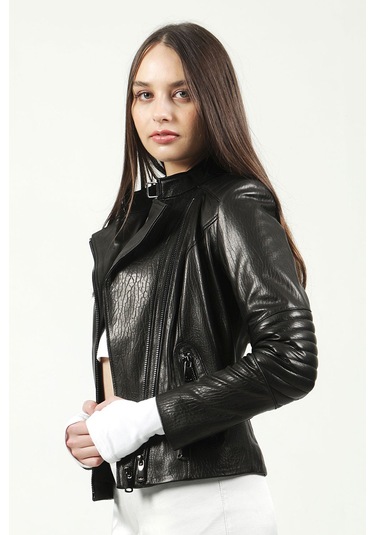 Dericlub Kasuka Jumbo Gerçek Deri Kadın Mont Siyah