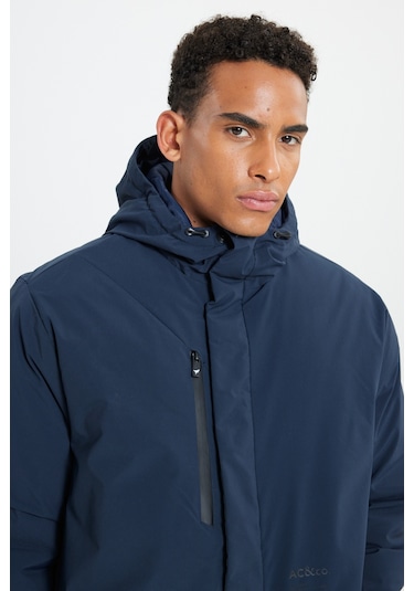 Ac&Co / Altınyıldız Classics - Erkek Lacivert Kapüşonlu Dik Yaka Standart Fit Kaban Lacivert