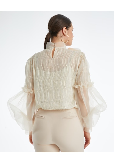 Desenli Transparan Kadın Bluz - Fiyonk Detaylı - Balon Kollu - Modern Ve Şık Tasarım - Özel Gün Ve Davet İçin Bluz Pudra