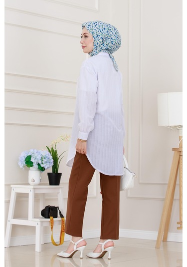 Sevitli Göğüsü Taş Detaylı Oversize Tunik-beyaz-5229 Beyaz