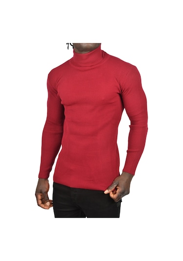 Deepsea Erkek Bordo İnce Fitilli Tam Boğazlı Balıkçı Yaka Tüylenmeyen Triko Kazak 2505498 Bordo