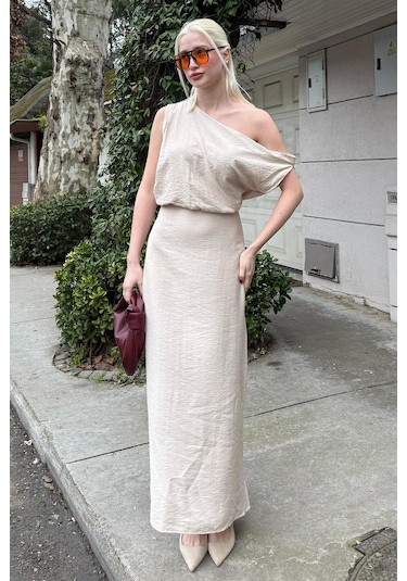 Madmext Madmext Taş Rengi Düşük Omuz Elbise Mg2349 Taş Rengi Taş