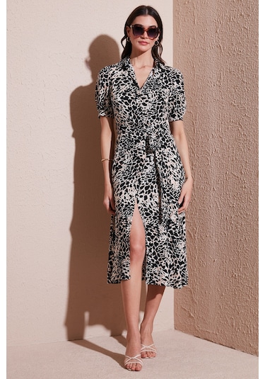 Lela Desenli Relaxed Fit Balon Kol Yırtmaçlı Kemerli Midi Boy Bayan Elbise 67810558 Leopar