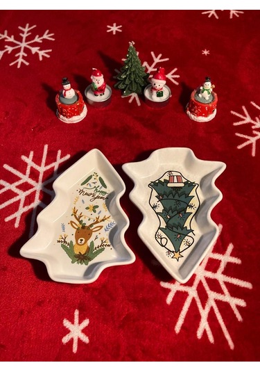 Yılbaşı Temalı 2'li Ağaç Tasarımlı Desenli Seramik Sunum Servis Tabağı 17x12 Cm Geyikli Ve Çam Ağaçlı