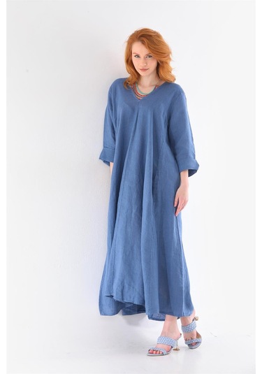 İtalyan V Yaka Uzun Kol Keten Elbise-8907 Petrol Mavisi