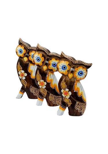 Ahşap Aborjin Üçlü Baykuş Dekoratif Biblo No.2 20 Cm