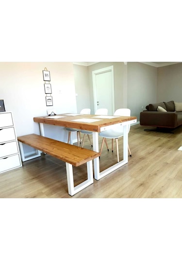 Doğal Ahşap Yemek Masası 10 Kişilik 80-220-76 Cm Beyaz Metal Ayak