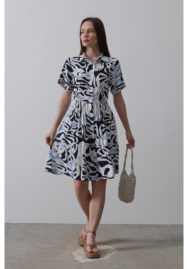 Baskılı Keten Elbise - Lacivert Çok Renkli