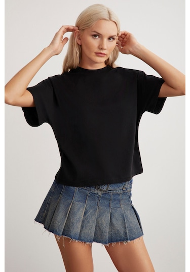 Lottıe Kadın %100 Organik Pamuklu Regular Kalıp Bisiklet Yaka Basic Kısa Kollu Siyah T-shirt