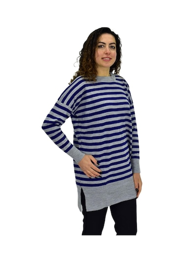 Kadın Çizgili Oversize Kazak Bgl-st04083 Saks Mavi