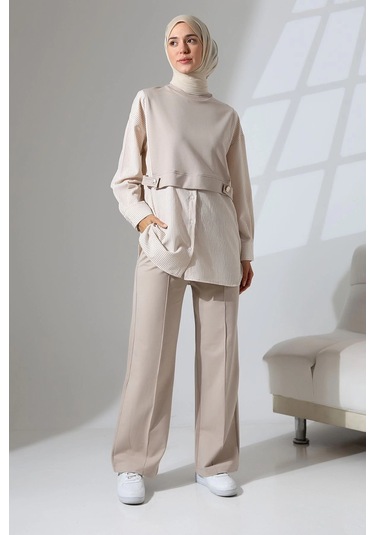 Kadın Taş Rengi Mevsimlik Penye Alt Üst Spor Ve Rahat Tesettür Takım Taş Rengi