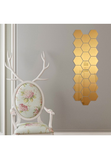 Jeehugo 24 Adet Altıgen Akrilik Ayna Duvar Sticker - Ev Dekoru Dıy, Çocuk Odası/yatak Odası/banyo Uygun, Altın Renk, 10x8.5x5cm, Kolay Kurulum Altın