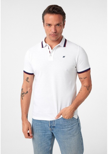 Javeir Erkek Regular Fit Çizgi Detaylı Polo Yaka T-shirt Beyaz