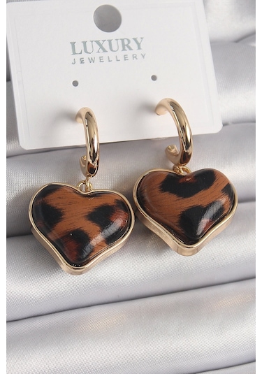 Pirinç Gold Renk 3d Kalp Leopar Desen Model Kadın Küpe Çok Renkli