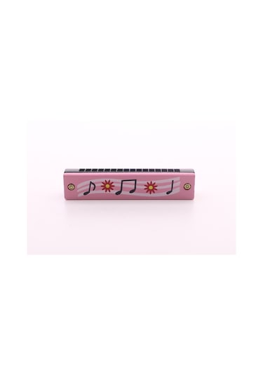 1 Adet Ahşap Mızıka 16 Delikli Çift Sıralı Pembe Desenli Çocuk Mızıka 