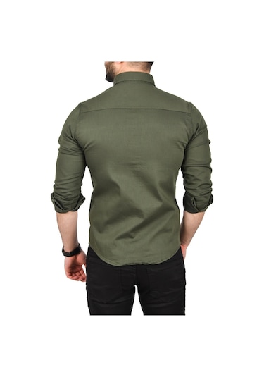 Deepsea Erkek Haki Slim Fit Pamuklu Kot Gömlek Kolay Ütülenebilir Çıt Çıtlı Likralı Spor Gömlek 2502504 Haki