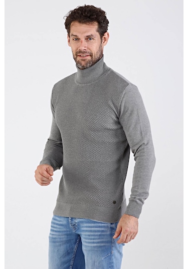 Çizgi Triko Erkek Tam Balıkçı Yaka Pamuklu Triko Kazak 4669E Gri