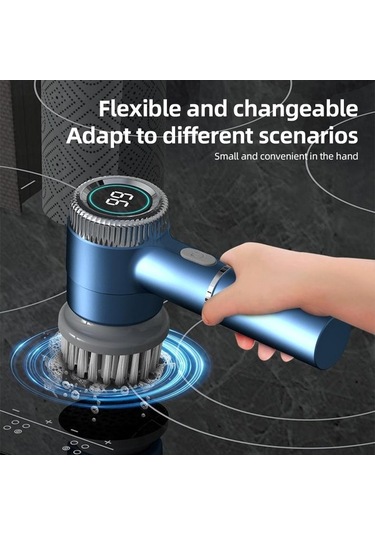 Bosphorusboutique02 3 Seviye Lcd Ipx7 Su Geçirmez Elektrikli Temizlik Fırçası 2.5w Type-c Şarjlı 5 Farklı Uçla Mutfak Banyo Aleti Mavi Mavi