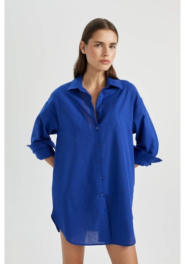 DeFacto Regular Fit Pamuklu Plaj Gömleği-Fall in Love W8241AZ24SMBE114 Mavi DeFacto Regular Fit Pamuklu Plaj Gömleği-Fall in Love W8241AZ24SMBE114 Mavi