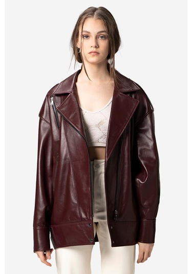 Dericlub Wm019 Oversize Biker Hakiki Deri Kadın Mont Bordo Bordo
