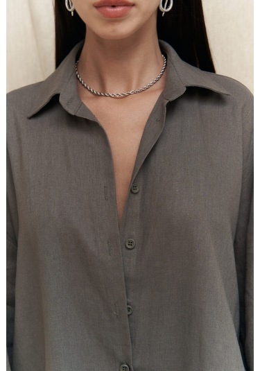 Charlotte Antrasit Oversize Keten Gömlek Antrasit