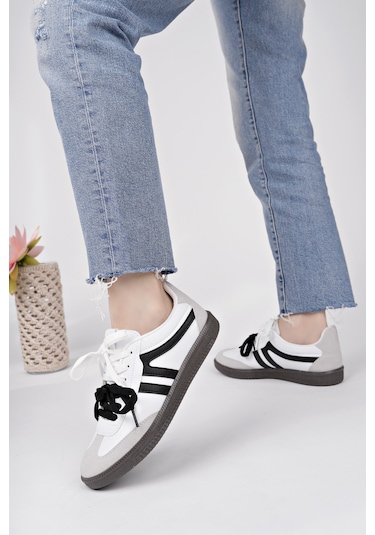 Muggo Retro Çift Bağcıklı Günlük Kadın Sneaker Spor Ayakkabı Beyaz - Siyah Muggo Retro Çift Bağcıklı Günlük Kadın Sneaker Spor Ayakkabı Beyaz - Siyah