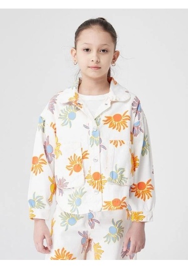 Kız Çocuk Çiçek Desenli Ceket-14029 Turuncu