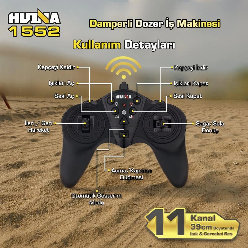 Huına 1552 1/16 11ch Rc Wheel Loader Damper Dozer Kamyon İş Makinesi Kazıcı Uzaktan Kumandalı Rc Model Metal Kepçeli -2.4g Gerçekçi Similasyon Ses Ve Işık Sistemi