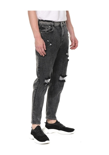 Bol Kesim Yırtıklı Erkek Kot Pantolon Siyah