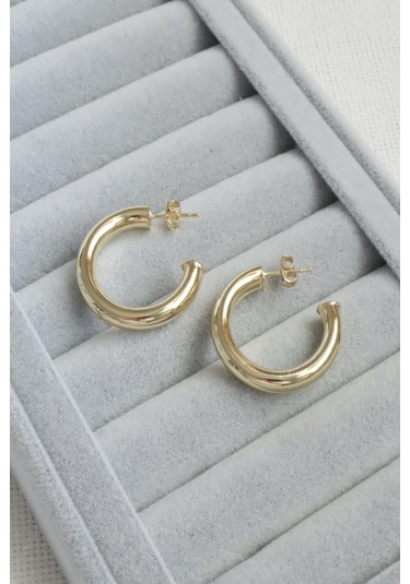 Kadın Küpe Kararmaz 14k Renk Vip Seri Tombik Boru 3cm Kesik Halka Küpe Altın