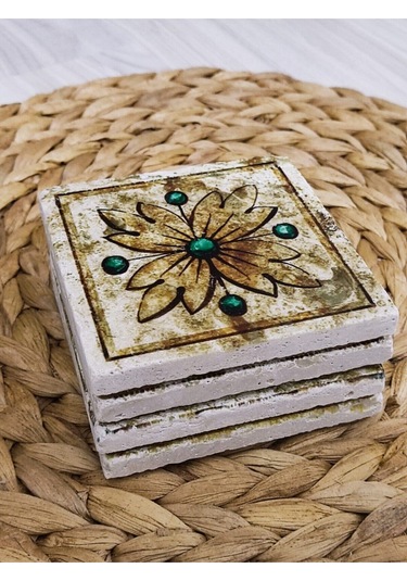 Baskılı Doğaltaş Bardak Altlığı 4'lü Set - Hint Desenli Doğal Taş Bardak Altı Çok Renkli