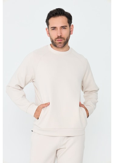 White Stone Kırık Beyaz Pamuklu Erkek Basic Sweatshirt Off-whıte