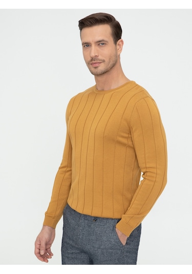 Cacharel Hardal Slim Fit Bisiklet Yaka Triko Kazak Sarı