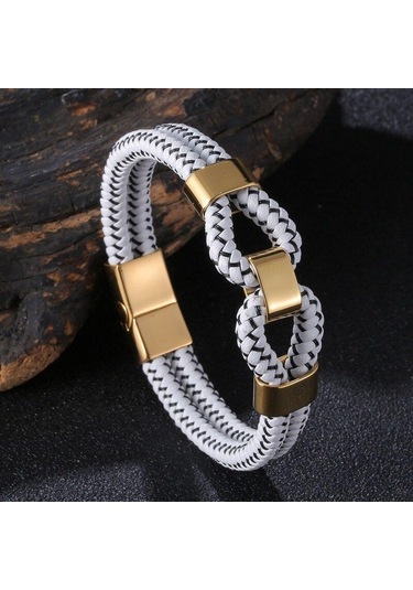 Örme Deri İp Erkek Takı Moda Paslanmaz Çelik Erkek Deri Bileklik Çift Katmanlı Tasarım Çok Renkli Kombinasyon Takı Beyaz