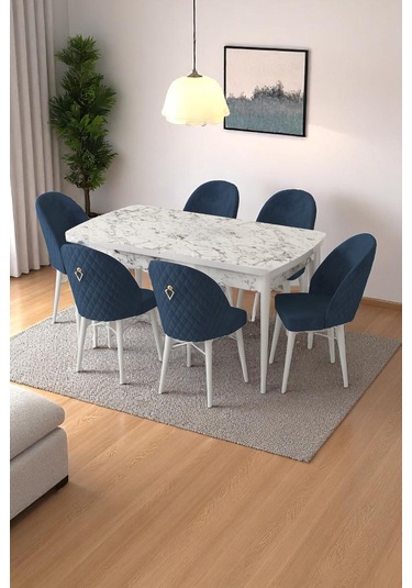 Mia Serisi Açılabilir Mutfak Masası Takımı Beyaz Mermer Desen Masa 6 Sandalye, Yemek Masası Lacivert