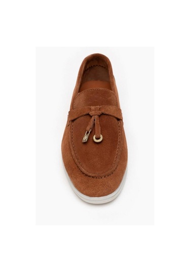 Aska Shoes Hakiki Deri Püskül Detaylı Düz Taban Kadın Babet Taba