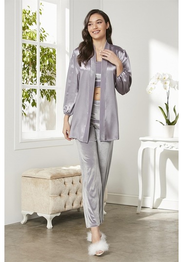 Pierre Cardin 2050 Kadın Kadife Saten Sabahlıklı Pijama Takım-royal Royal