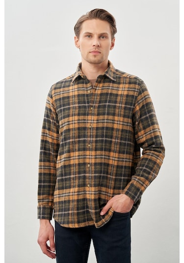 Hardal Yünlü Ekose Desen Yumuşak Yaka Cepsiz Uzun Kol Casual Comfort Fit Gömlek 1004245227 Hardal