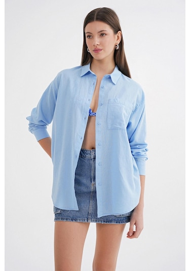 Mixray 4670 Kadın Cepli Oversize Basic Keten Gömlek Bebe Mavi