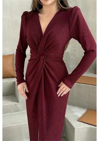 Neşeli Butik Kadın Bordo Anvelop Büzgülü Simli Premium Midi Elbise Nbelb08 Bordo