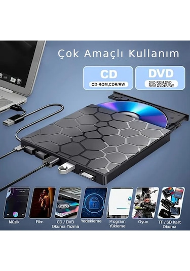 Valkyrie 8in1 Harici Cd Dvd Okuma Yazma Usb 3.0 Hub Çok Amaçlı External Drive Tf Sd Kart Okuyucu