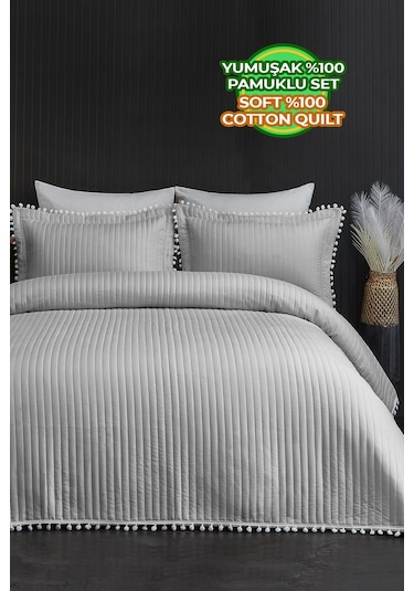 Evlen Home Collection Ponponlu Çift Kişilik %100 Pamuk Yatak Örtüsü Pike Takımı Gri