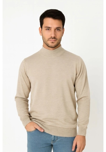 Erkek Yarım Boğaz Triko Kazak Yumuşak Dokulu Pamuklu İnce Dokuma, Uzun Kollu Rahat Regular Kalıp - B Bej