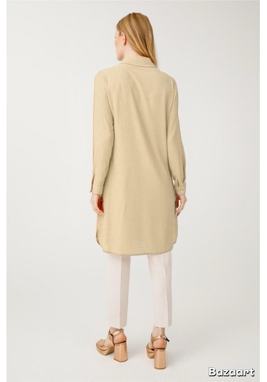 Çift Cepli Cep Üzeri Aksesuarlı Uzun Tunik Taş Gri