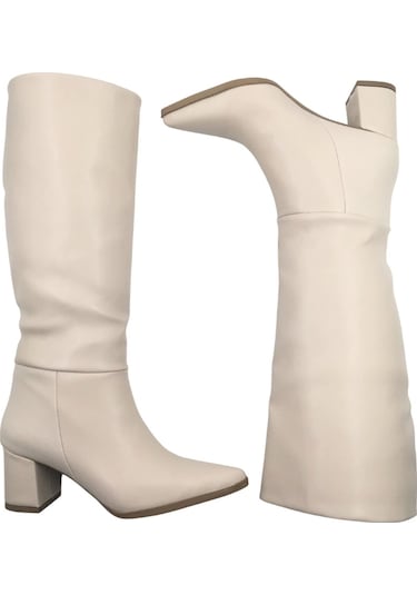 Melen Shoes Elegia Bej Suni Deri Rahat Kadın Topuklu Çizme Bej