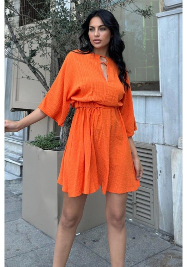 Turuncu Kumaş Yaka Detaylı Kloş Elbise Turuncu