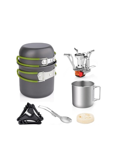 Neevoyu Ds101 Yeşil Kamp Mutfak Seti: Çadırcılar İçin 1-2 Kişilik Çelik Tencere, Fritöz, Katlanabilir Ocak Ve Kahve Bardağı Yeşil