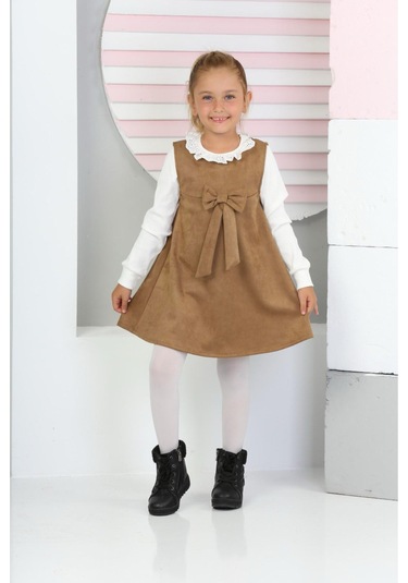 Kız Çocuk Süet Kumaş 2'li Elbise Elbise+bady Bluz 12177 Vizon