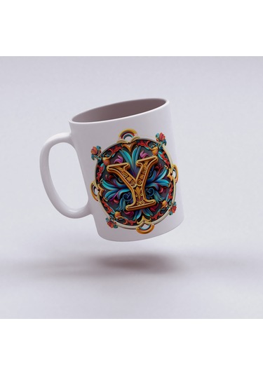 Y Harfi Boho Bardak, Renkli Özel Tasarım Hediyelik Harfli Kupa, 330ml Porselen Beyaz